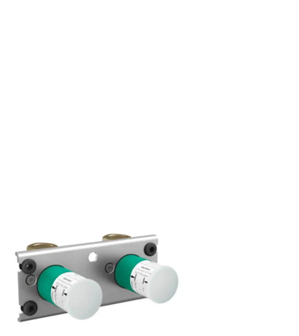 Hansgrohe Grundkörper für eine Unterputz-Dusche mit zwei zylindrischen Elementen, die in einem Metallrahmen montiert sind. Elemente mit Etiketten gekennzeichnet.
